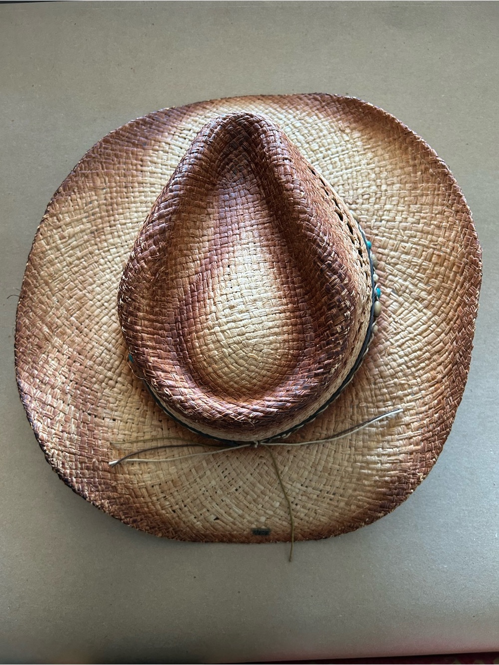 Natural Brown Woven Straw Sun Hat with Turquoise Bead Trim